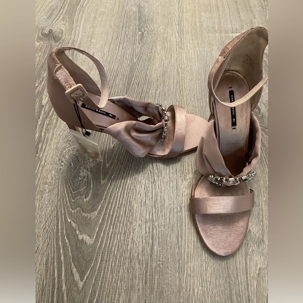 Zara Chunky Crystal Embellished Satin Heels Sandals Size 41 - Picture 9 of 14